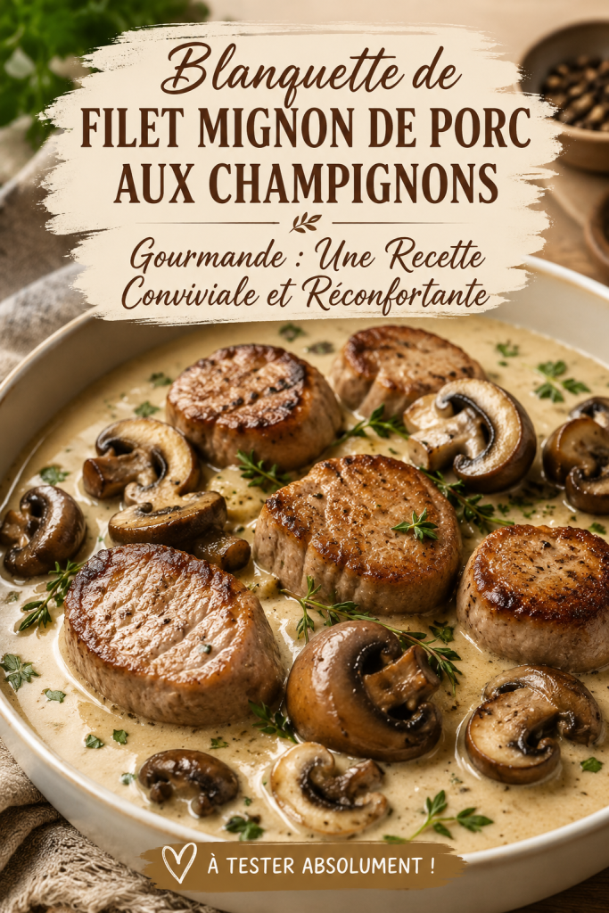 Blanquette de filet mignon de porc aux champignons, servie dans un plat convivial.