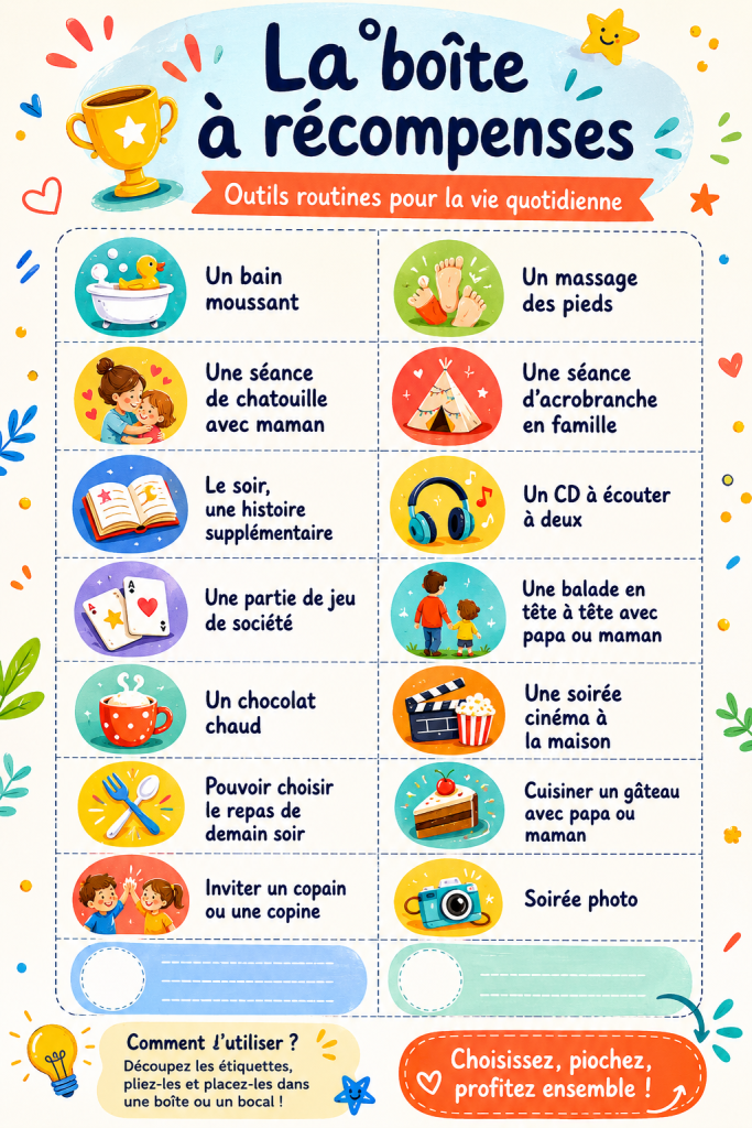 Une boîte à récompenses colorée avec des étiquettes et des jouets à l'intérieur, représentant une méthode de motivation pour les enfants.