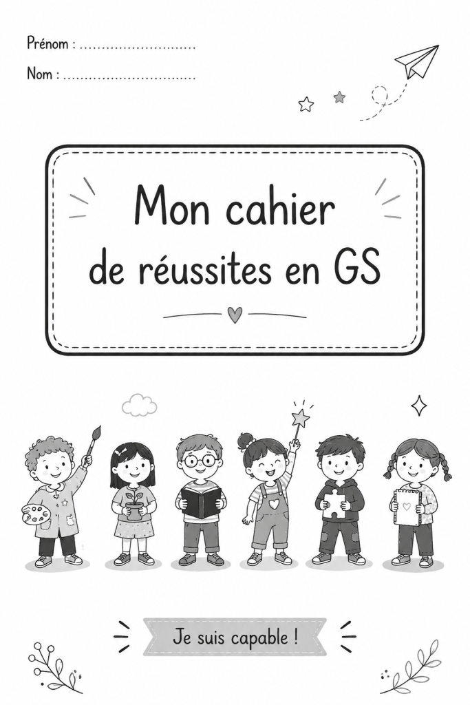 Exemple de cahier de réussites pour un enfant en grande section avec des illustrations colorées