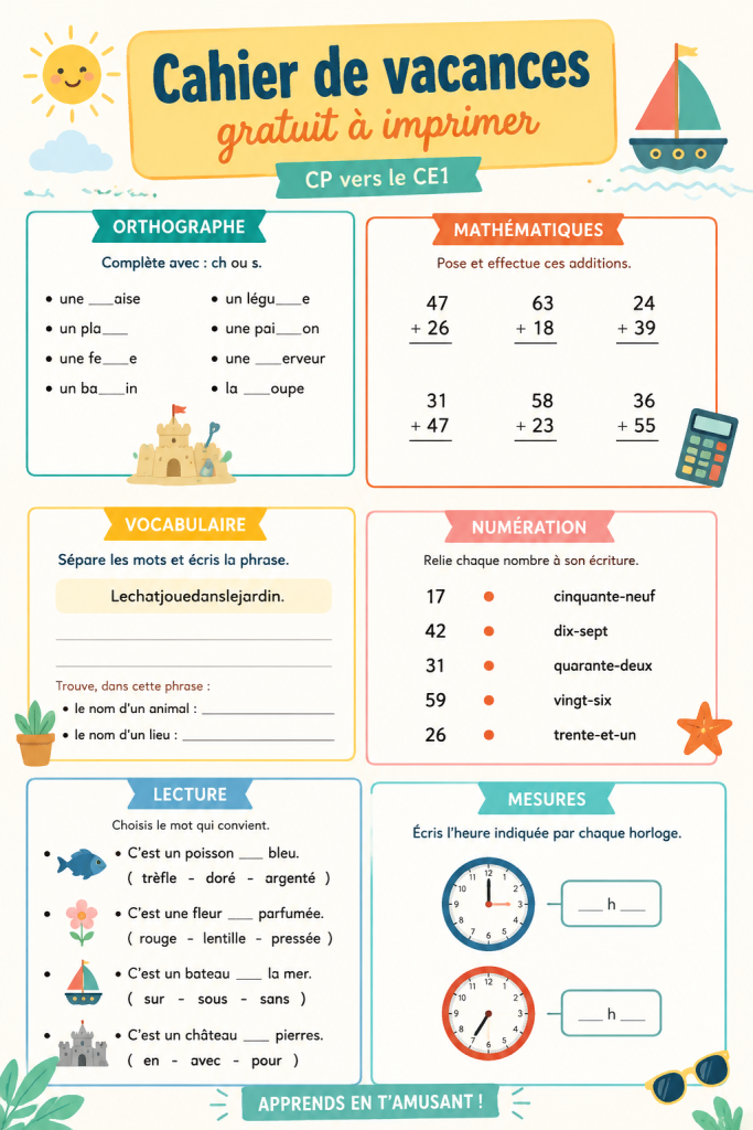 Cahier de vacances à imprimer pour les enfants de CP et CE1