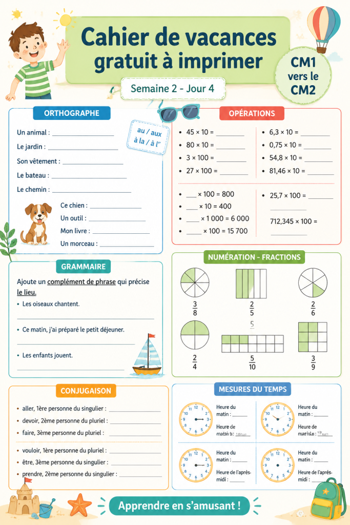 Cahier de vacances imprimé pour élèves de CM1 vers CM2 sur un bureau avec des crayons.