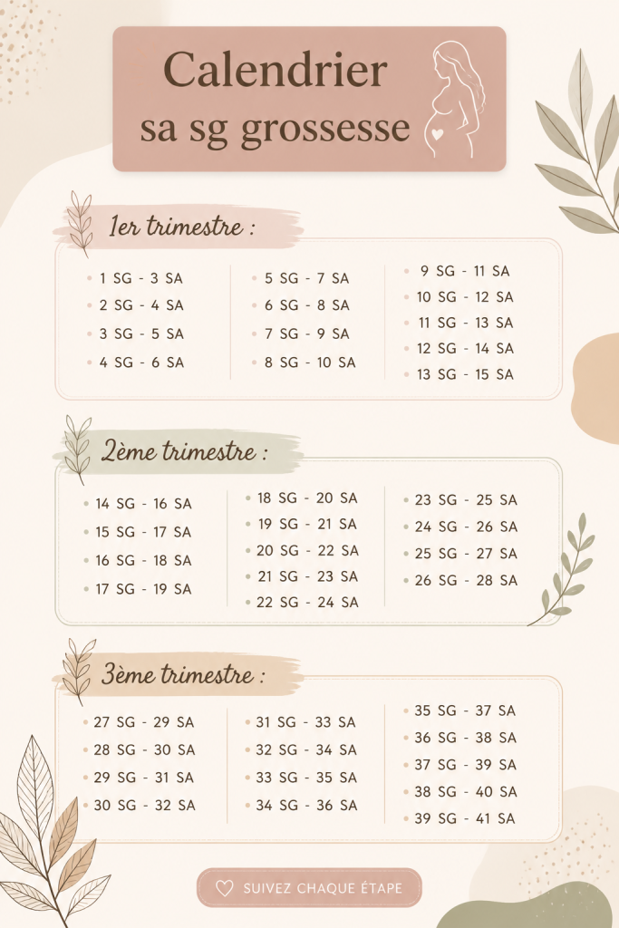 Calendrier de grossesse personnalisé avec des illustrations douces de bébés et de motifs floraux.
