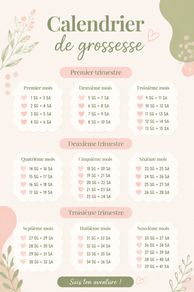 Calendrier de grossesse illustré avec les semaines et étapes clés.