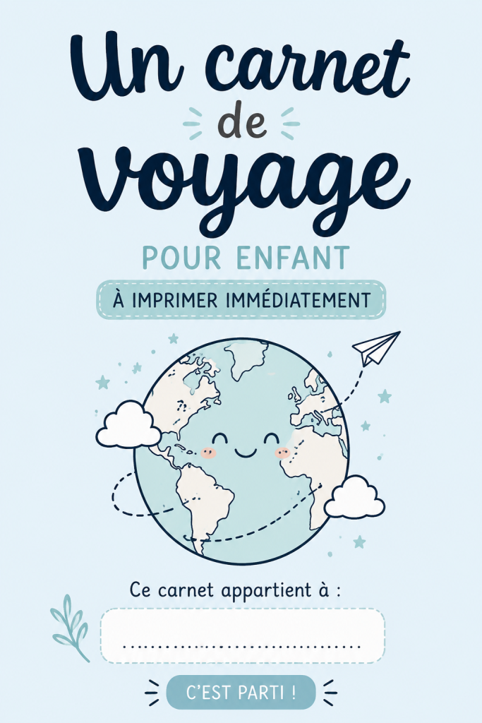 Carnet de voyage coloré et ludique pour enfants imprimé sur une table en bois.