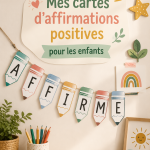 Enfant souriant tenant des cartes d'affirmations positives