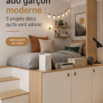 Chambre d'ado garçon moderne avec décorations tendances et mobilier fonctionnel
