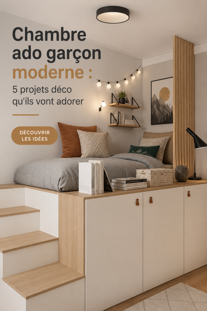 Chambre d'ado garçon moderne avec décorations tendances et mobilier fonctionnel