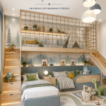 Une chambre élégante et moderne pour un garçon, avec des couleurs apaisantes et des meubles bien agencés.