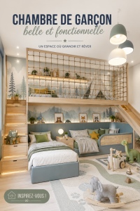Une chambre élégante et moderne pour un garçon, avec des couleurs apaisantes et des meubles bien agencés.