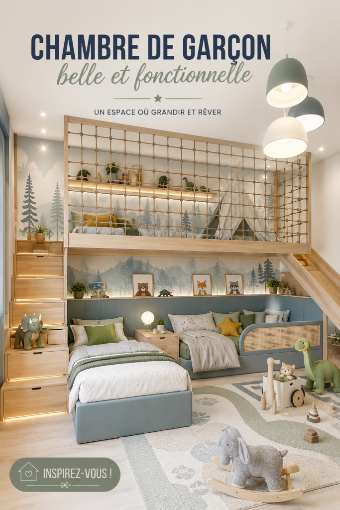 Une chambre élégante et moderne pour un garçon, avec des couleurs apaisantes et des meubles bien agencés.