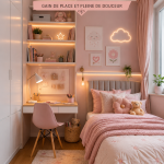 Chambre d'enfant rose avec un coin bureau astucieux