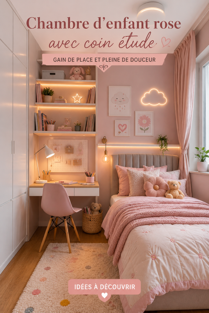 Chambre d'enfant rose avec un coin bureau astucieux