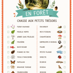 Une famille accompagne des enfants en forêt à la recherche de trésors cachés, illustrant une chasse aux trésors en nature.