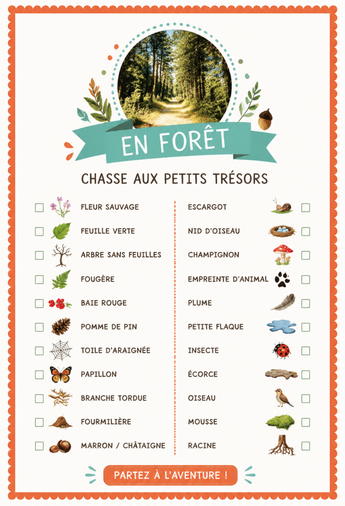 Une famille accompagne des enfants en forêt à la recherche de trésors cachés, illustrant une chasse aux trésors en nature.