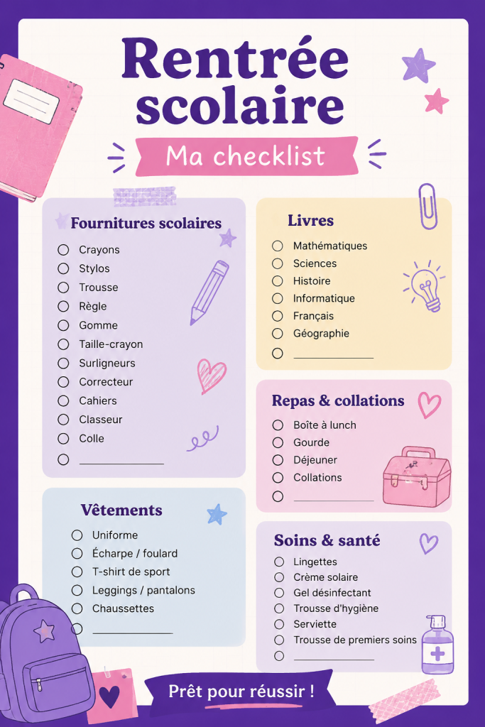 Une checklist pour bien préparer la rentrée scolaire avec des fournitures et de la technologie.
