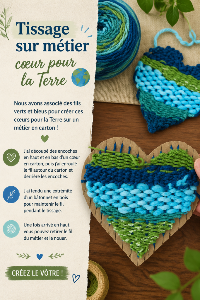 Cœurs tissés colorés en laine pour la Journée de la Terre sur un fond lumineux.