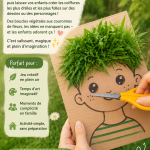 Des enfants créent des coiffures amusantes avec des fleurs et de l'herbe dans un jardin en plein air.