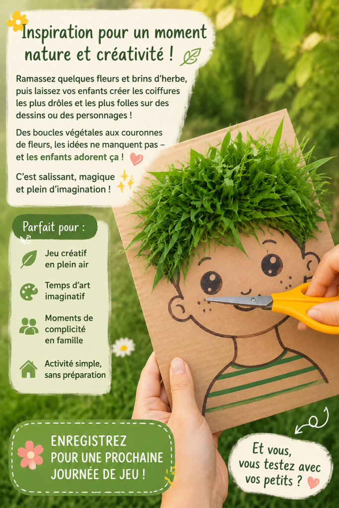 Des enfants créent des coiffures amusantes avec des fleurs et de l'herbe dans un jardin en plein air.