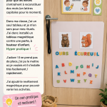 Coin écriture dans une classe de PS-MS avec un tableau magnétique et fournitures d'écriture.