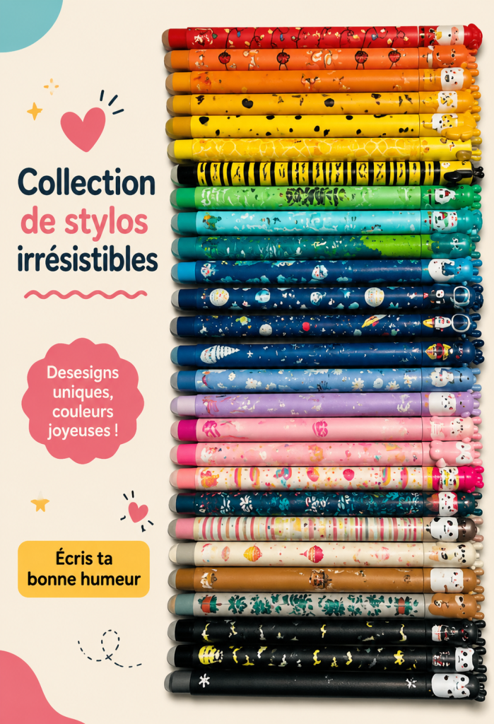 Des stylos colorés Legami sur un bureau d'écolier, ensemble de papeterie tendance.