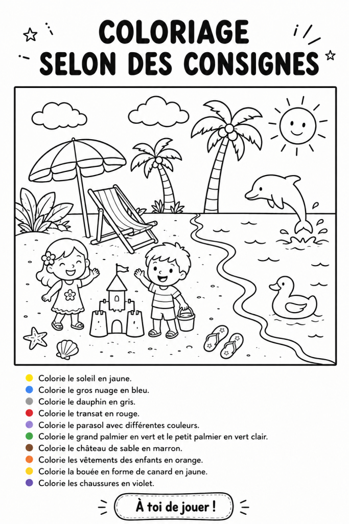 Une image montrant plusieurs pages de coloriage avec des consignes représentées graphiquement.