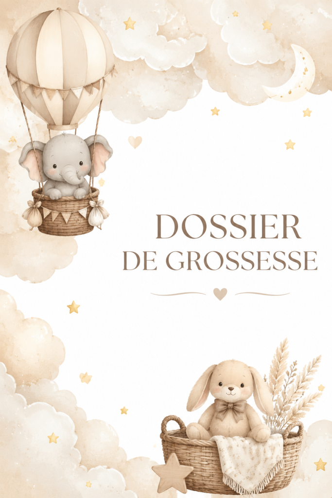 Photo d'un dossier de grossesse bien organisé avec des documents et des notes indispensables