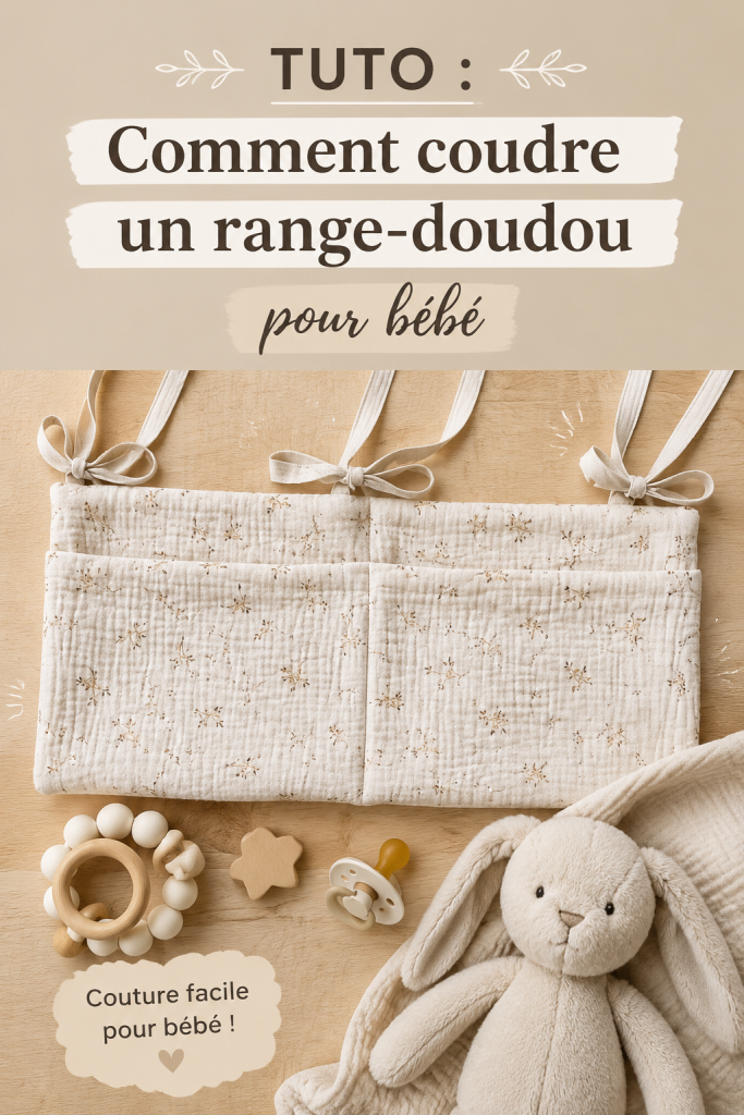 Un range-doudou coloré, cousu à la main, dans une chambre de bébé.