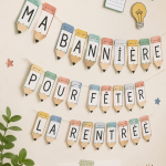 Bannière colorée pour célébrer la rentrée scolaire avec des éléments festifs.