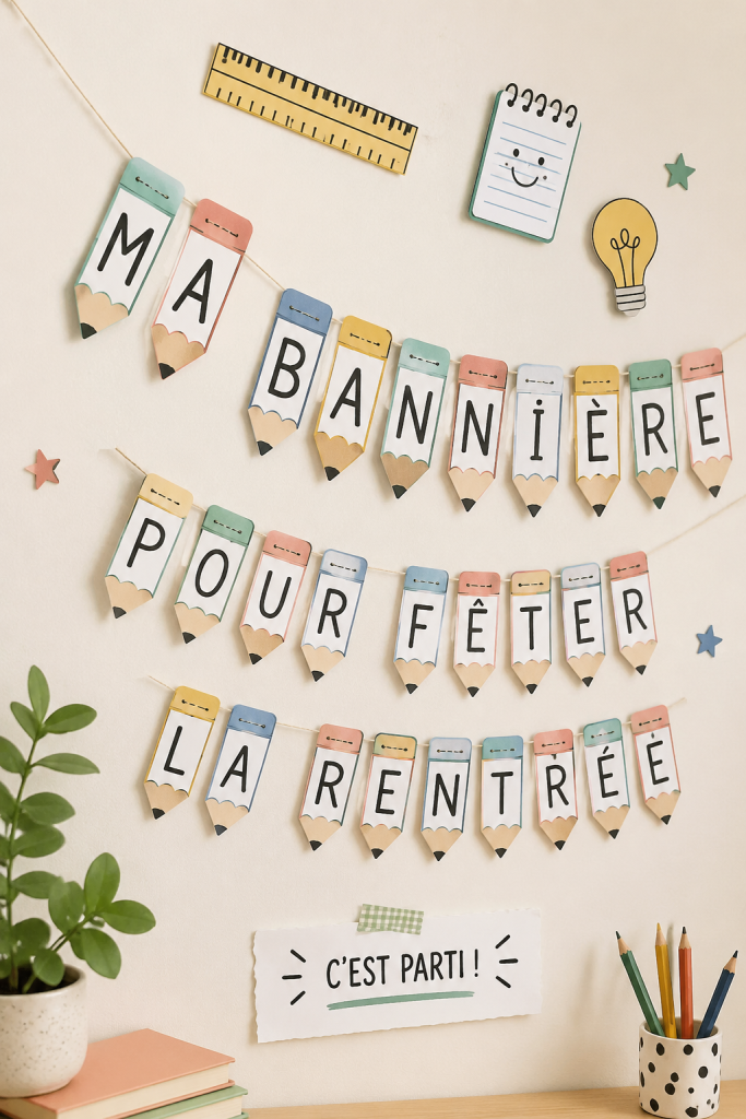 Bannière colorée pour célébrer la rentrée scolaire avec des éléments festifs.