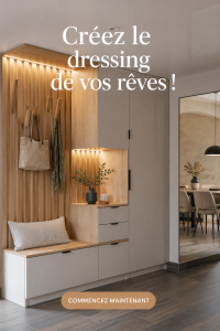 Dressing organisé avec des vêtements bien rangés et un éclairage agréable.