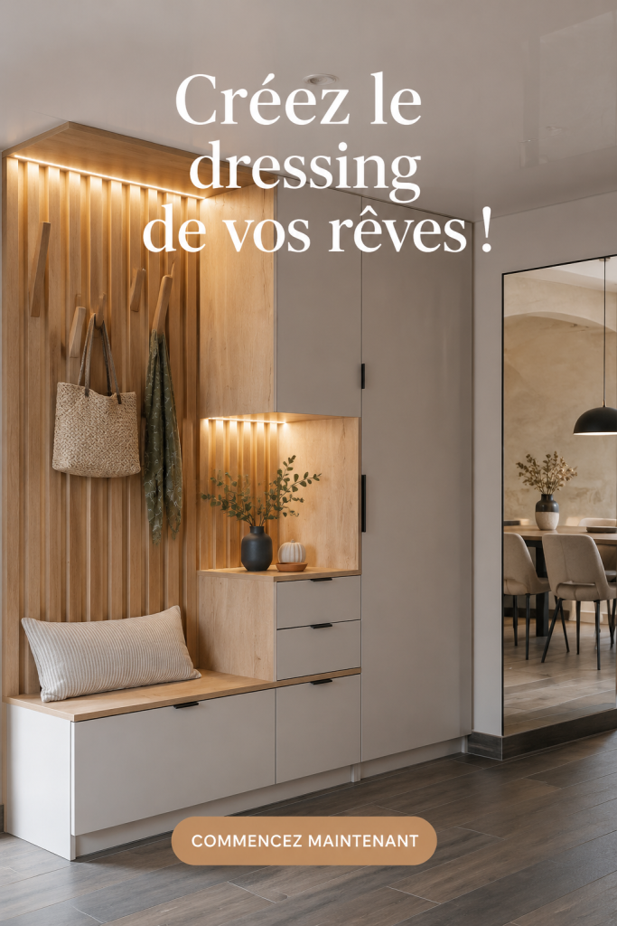 Dressing organisé avec des vêtements bien rangés et un éclairage agréable.
