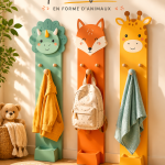 Crochets colorés en forme d'animaux sur une garde-robe d'enfants.