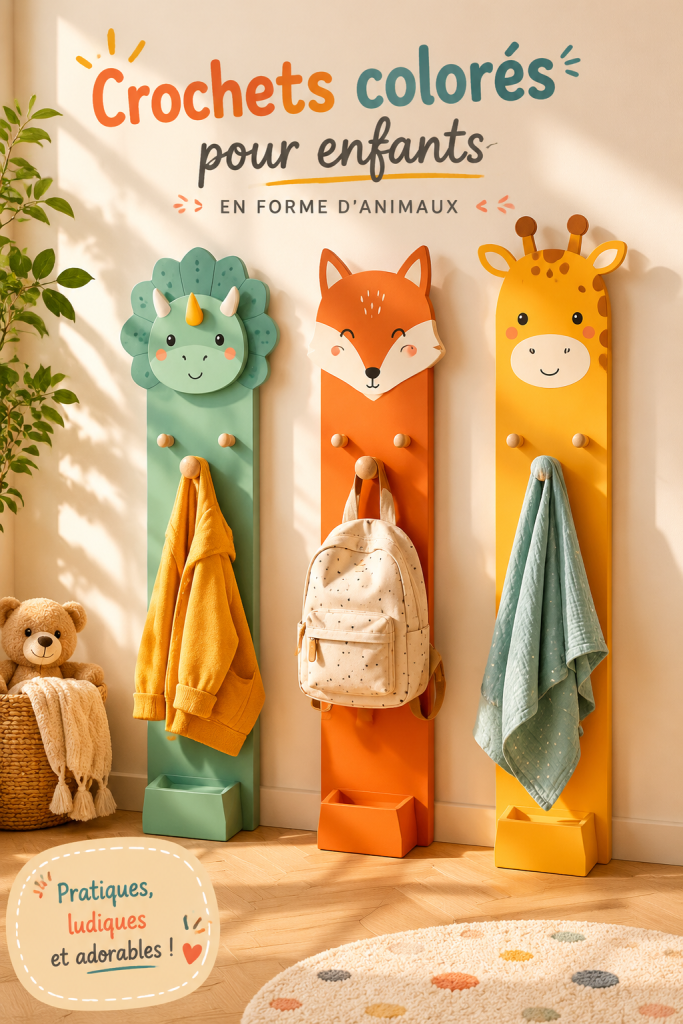 Crochets colorés en forme d'animaux sur une garde-robe d'enfants.