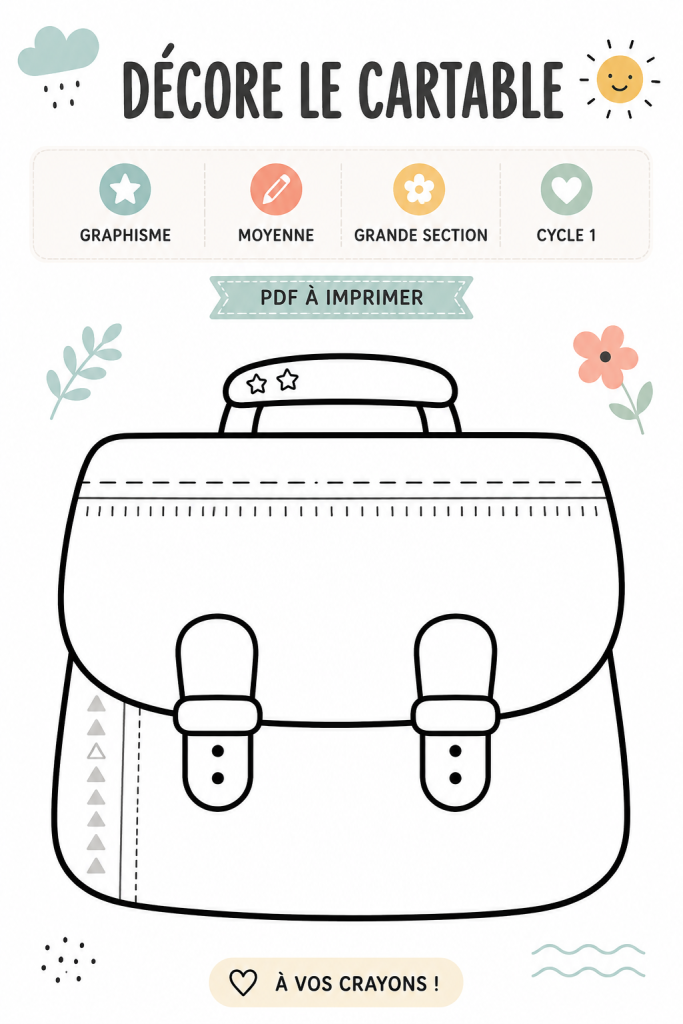 Un cartable décoré avec des designs colorés et créatifs.
