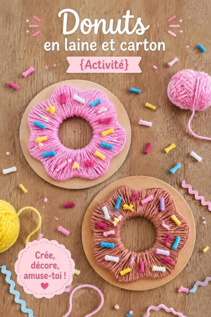 Donuts colorés en laine et carton sur une table de bricolage