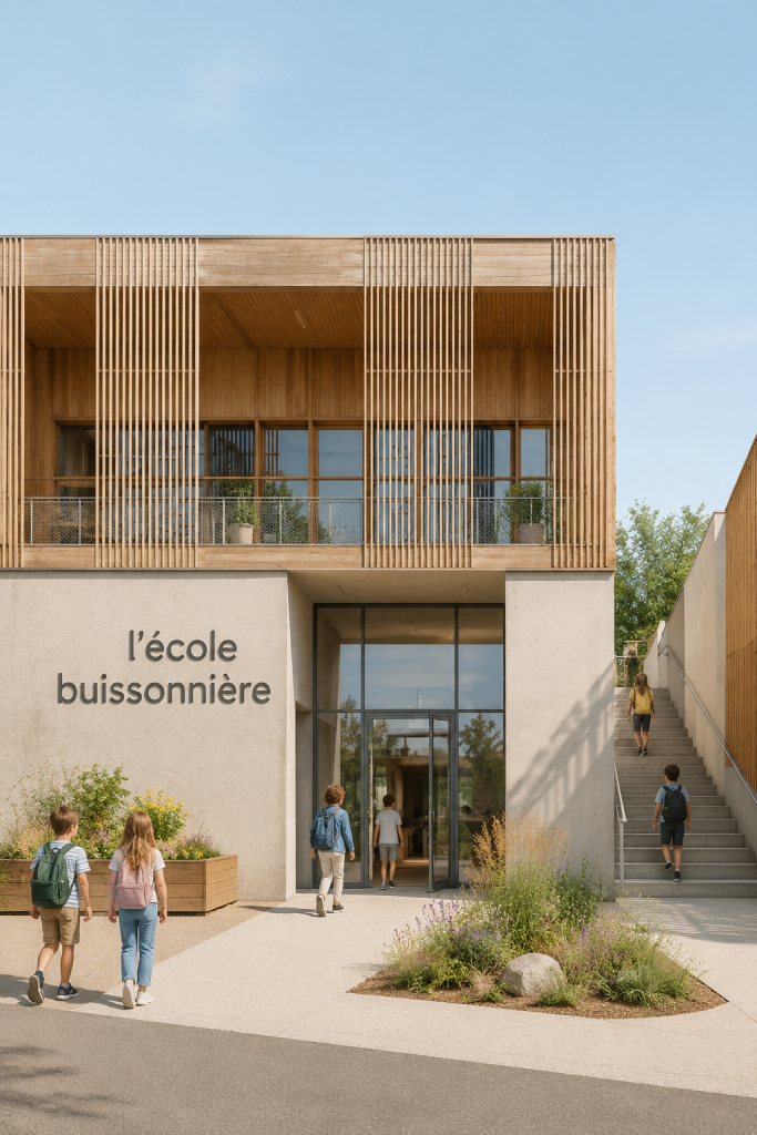 Vue extérieure de l'école buissonnière conçue par Rue Royale Architectes