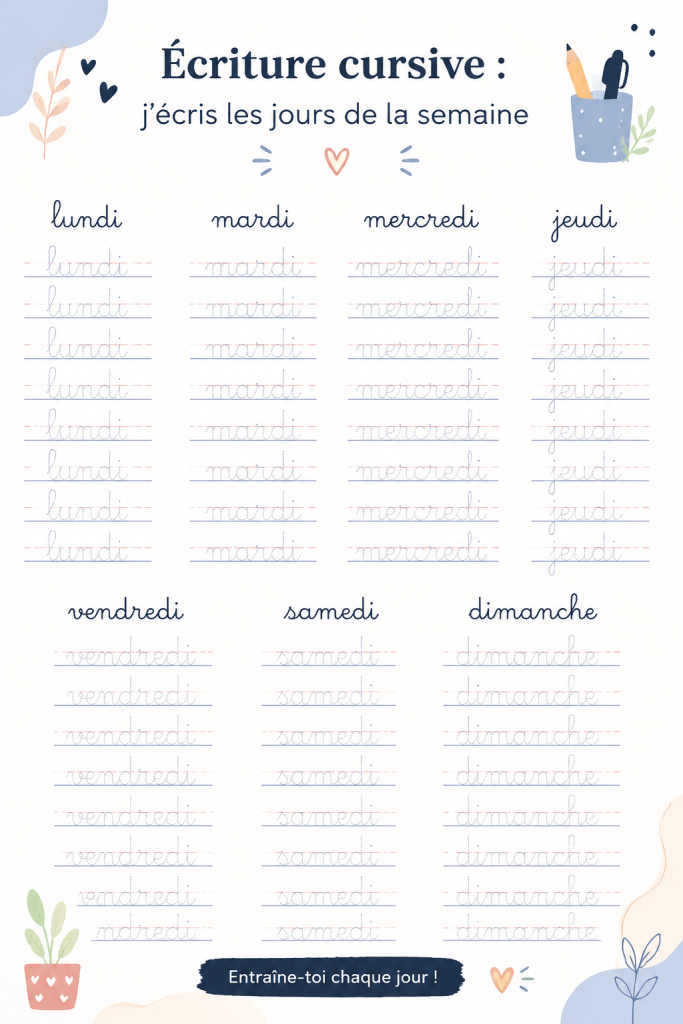 Écriture cursive montrant les jours de la semaine