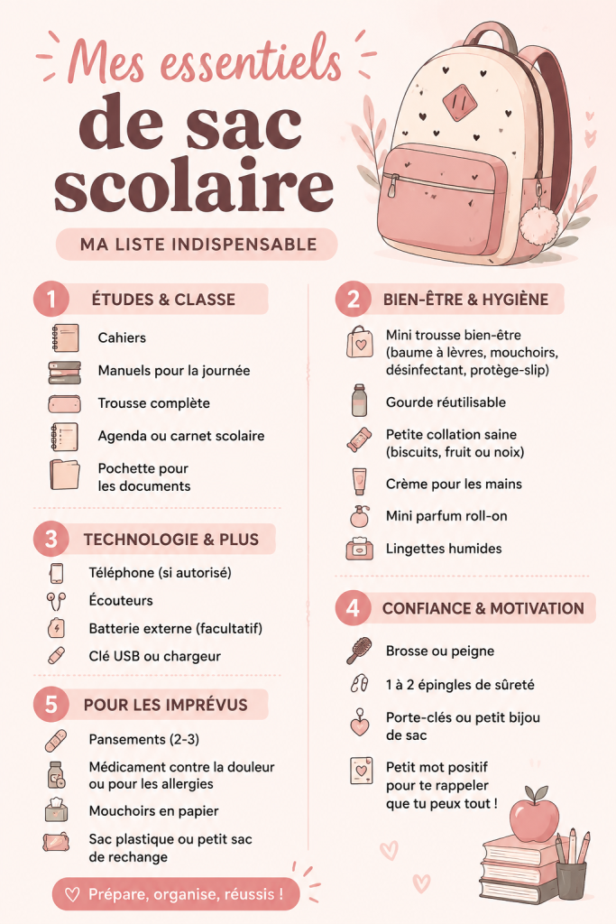 Un cartable bien organisé avec tous les essentiels scolaires