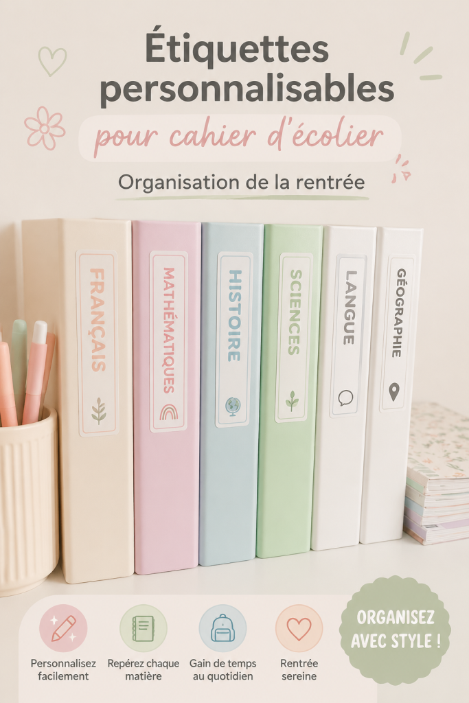 Étiquettes personnalisables pour fournitures scolaires colorées
