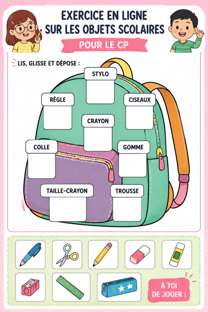 Exercice en ligne éducatif sur le vocabulaire scolaire pour enfants.
