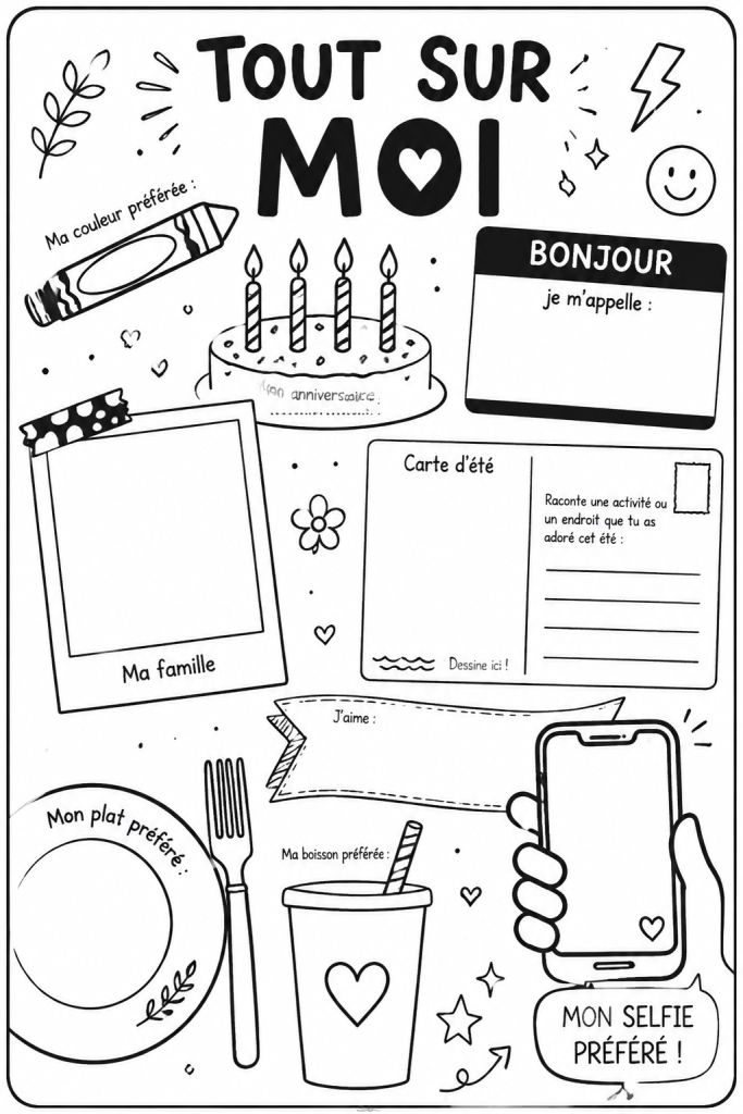 Un modèle de fiche de rentrée scolaire avec des sections pour se présenter.