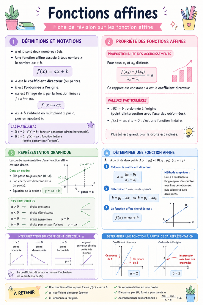 Une fiche de révision colorée sur les fonctions affines, avec des schémas et des formules.