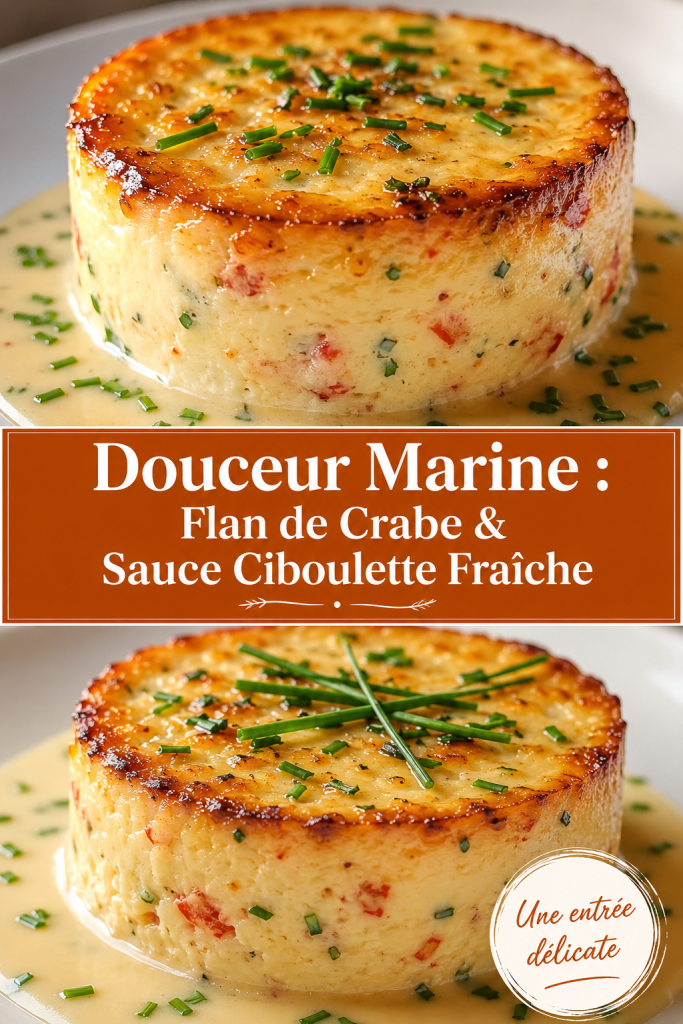 Flan de crabe délicat avec sauce ciboulette fraîche sur assiette