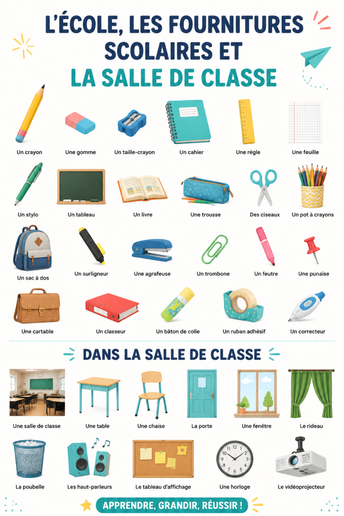 Fournitures scolaires disposées sur un bureau d'école, préparant la rentrée.