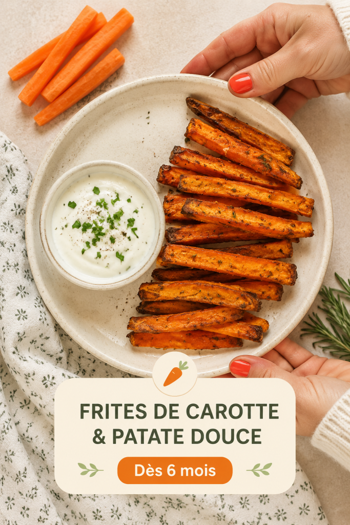 Assiette de frites de carotte et patate douce pour bébé, avec des légumes colorés en accompagnement.