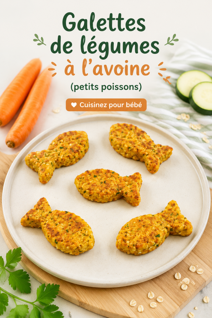 Une assiette de galettes de légumes à l'avoine pour bébé, garnies de légumes colorés.