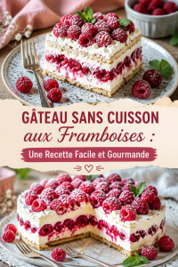 Gâteau aux framboises sans cuisson dans un plat élégant