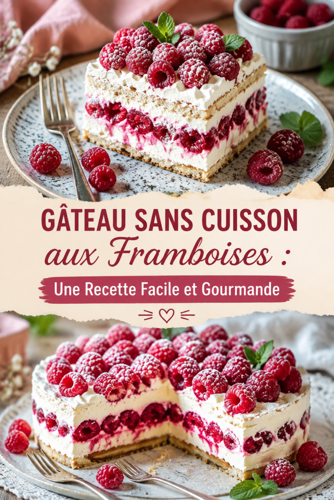 Gâteau aux framboises sans cuisson dans un plat élégant