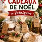 Assemblage de cadeaux de Noël faits maison avec des décorations colorées et chaleureuses.
