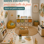 Un coin de jeux cosy dans une petite salle avec des couleurs douces et des rangements intégrés.